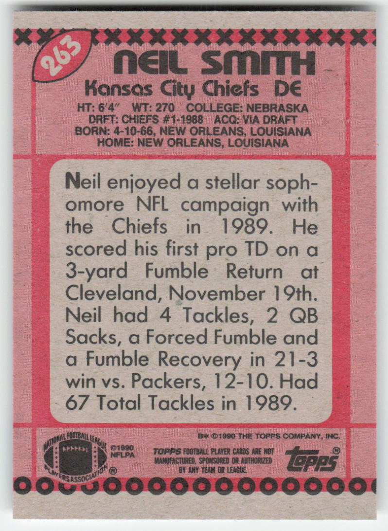 1990 Topps #263 Neil Smith Kansas City Chiefs FB1-69