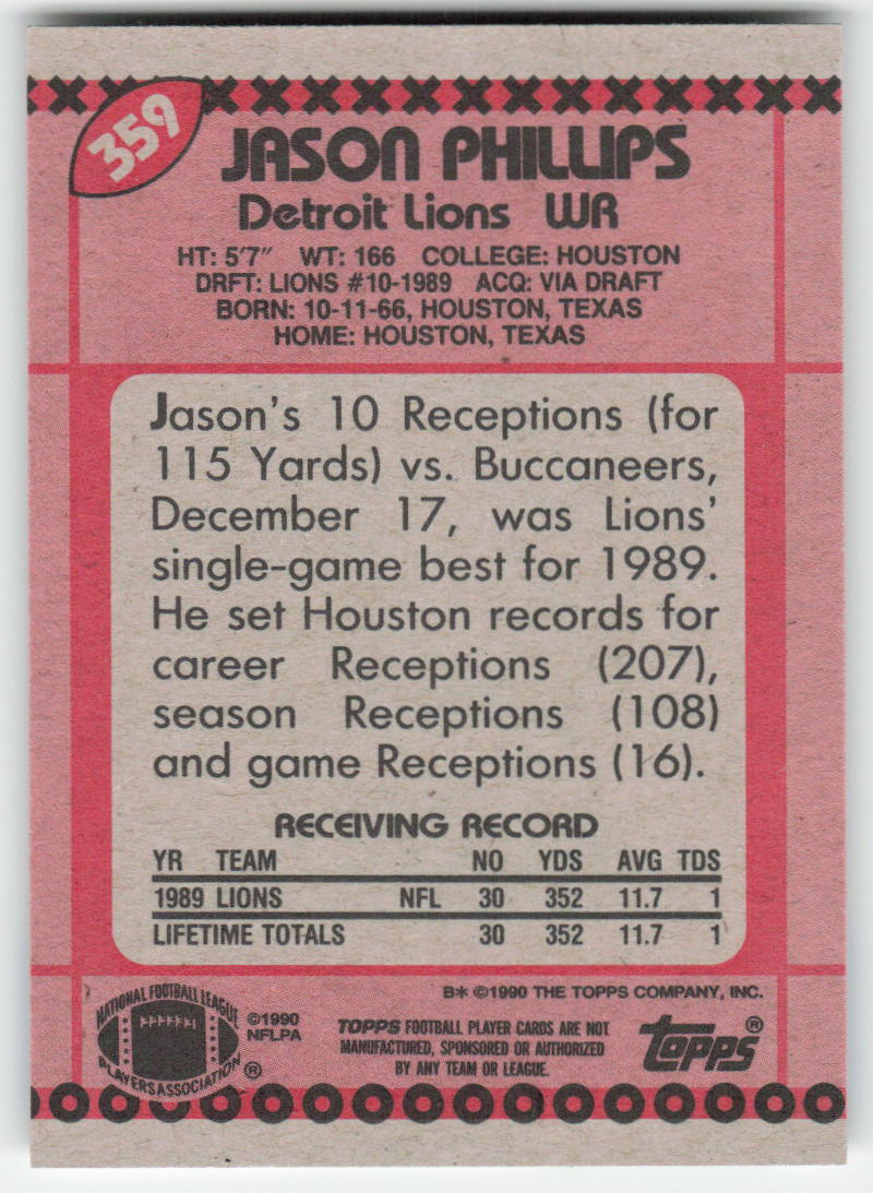1990 Topps #359 Jason Phillips Detroit Lions Rookie FB1-70