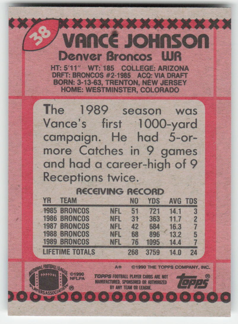 1990 Topps #38 Vance Johnson Denver Broncos FB1-71