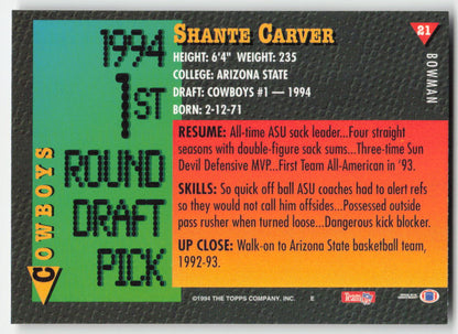 1994 Bowman #21 Shante Carver Dallas Cowboys Rookie FB1-77
