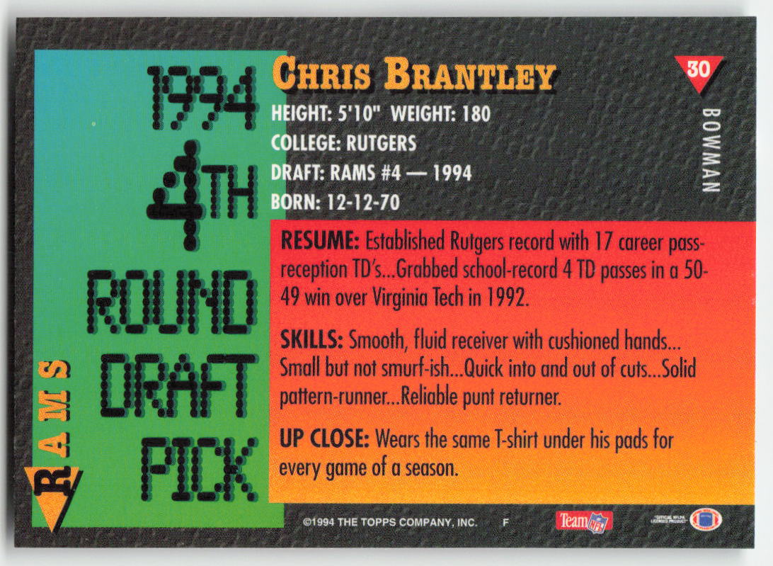 1994 Bowman #30 Chris Brantley Los Angeles Rams Rookie FB1-78