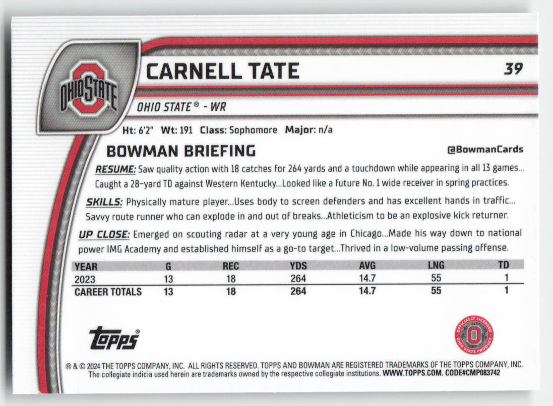 2024 Bowman University Chrome #39 Carnell Tate Ohio State Buckeyes FB1-84