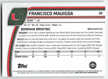 2024 Bowman University Chrome #30 Francisco Mauigoa Miami Hurricanes FB1-85