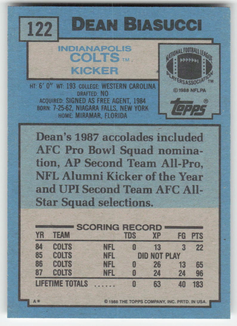 1988 Topps #122 Dean Biasucci Indianapolis Colts Rookie FB1-86