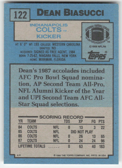 1988 Topps #122 Dean Biasucci Indianapolis Colts Rookie FB1-86