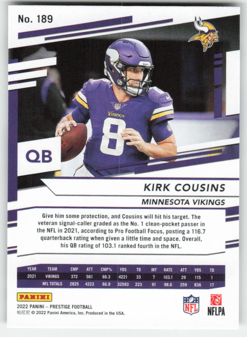 2022 Panini Prestige #189 Kirk Cousins Minnesota Vikings FB1-104