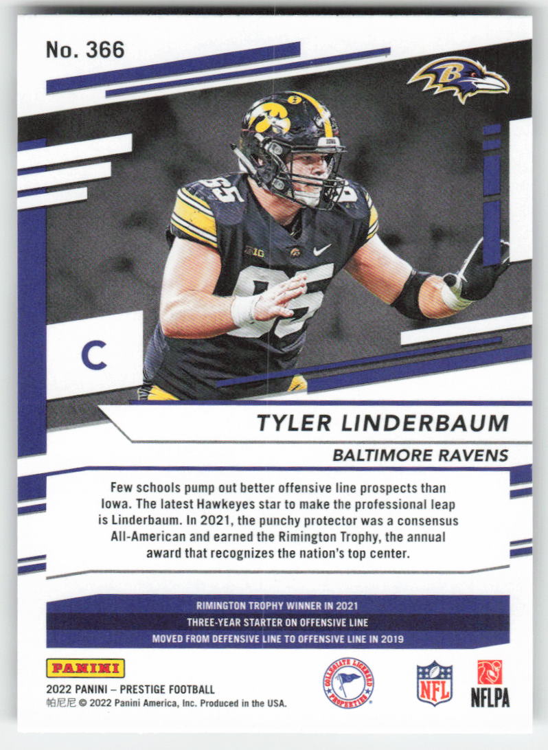 2022 Panini Prestige #366 Tyler Linderbaum Baltimore Ravens Rookie FB1-112