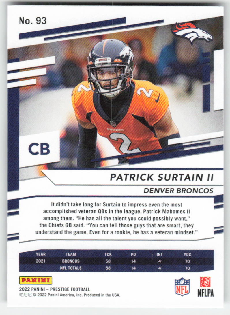 2022 Panini Prestige #93 Patrick Surtain II Denver Broncos FB1-125