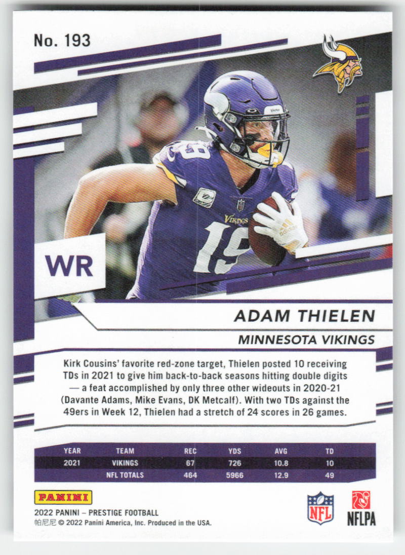 2022 Panini Prestige #193 Adam Thielen Minnesota Vikings FB1-132