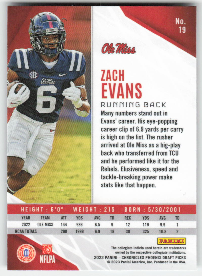 2023 Panini Chronicles Draft Picks #19 Zach Evans Phoenix FB1-133