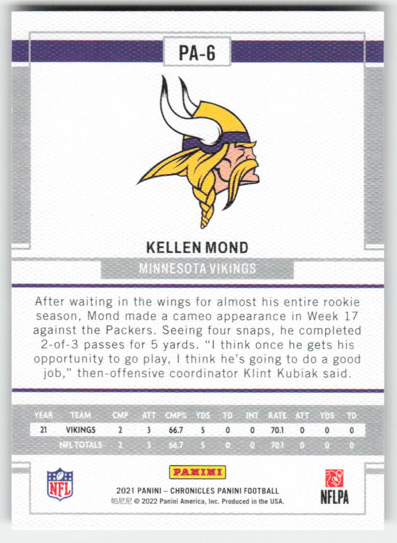 2021 Panini Chronicles #PA-6 Kellen Mond Minnesota Vikings FB1-137