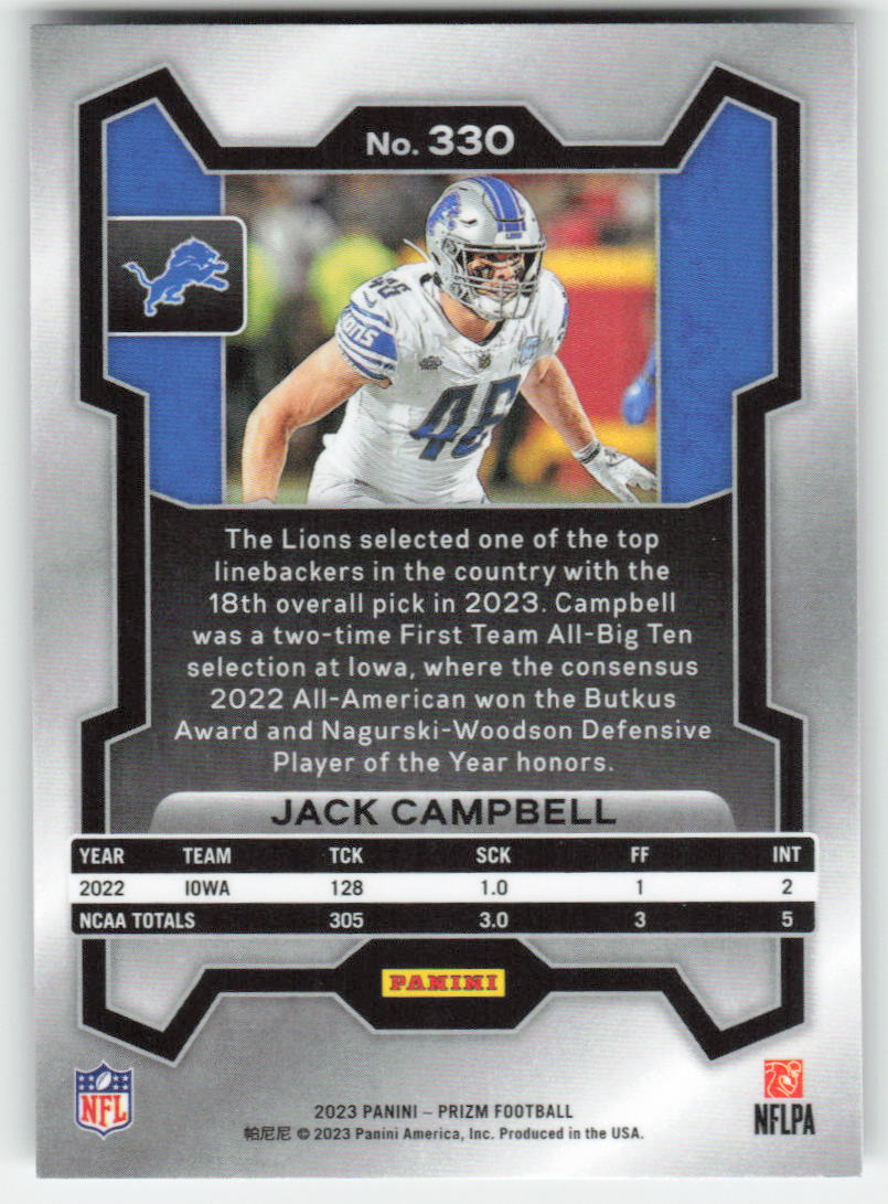 2023 Panini Prizm #330 Jack Campbell Detroit Lions Rookie FB1-141
