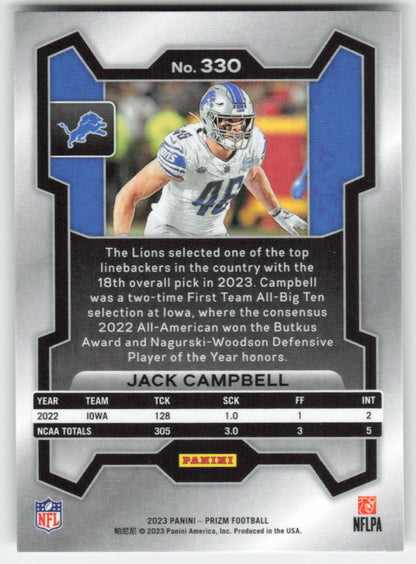 2023 Panini Prizm #330 Jack Campbell Detroit Lions Rookie FB1-141