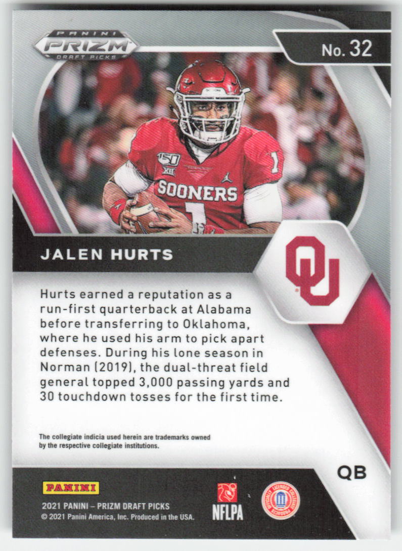 2021 Panini Prizm Draft Picks Collegiate #32 Jalen Hurts Oklahoma FB1-144