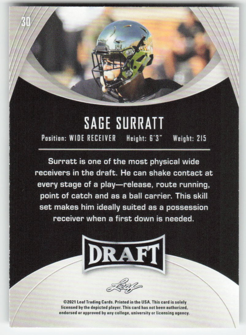 2021 Leaf Draft #30 Sage Surratt Wake Forest Demon Deacons FB1-187