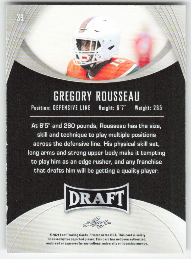 2021 Leaf Draft #39 Gregory Rousseau Miami Hurricanes FB1-194