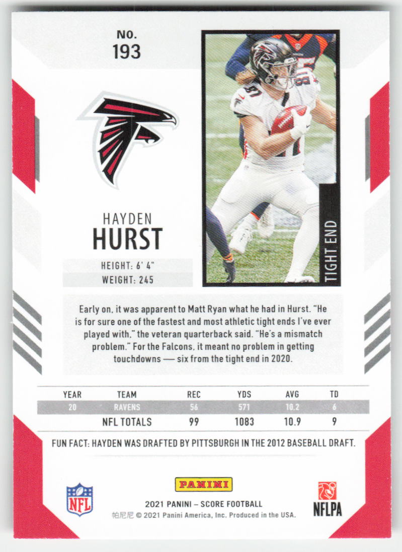 2021 Score #193 Hayden Hurst Atlanta Falcons FB1-207