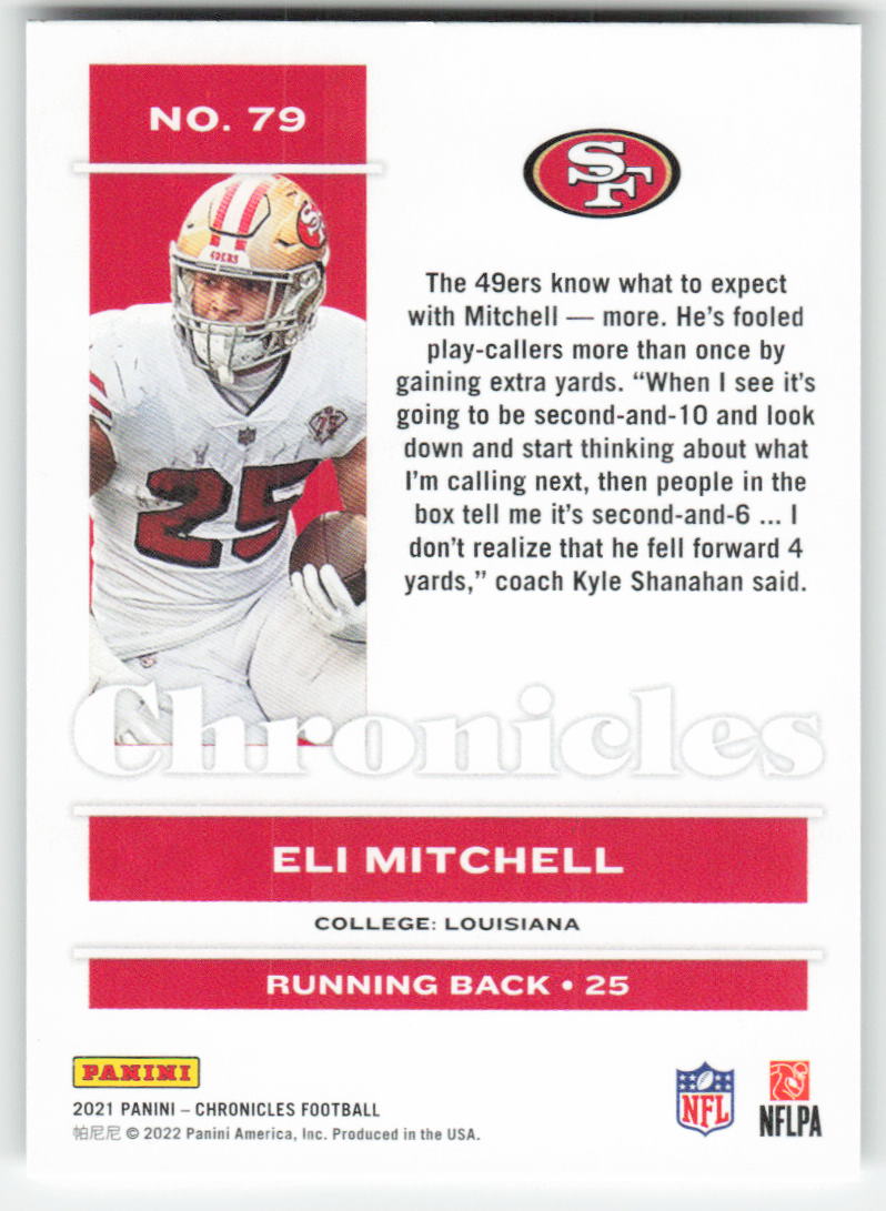 2021 Panini Chronicles #79 Eli Mitchell San Francisco 49ers Rookie FB1-212