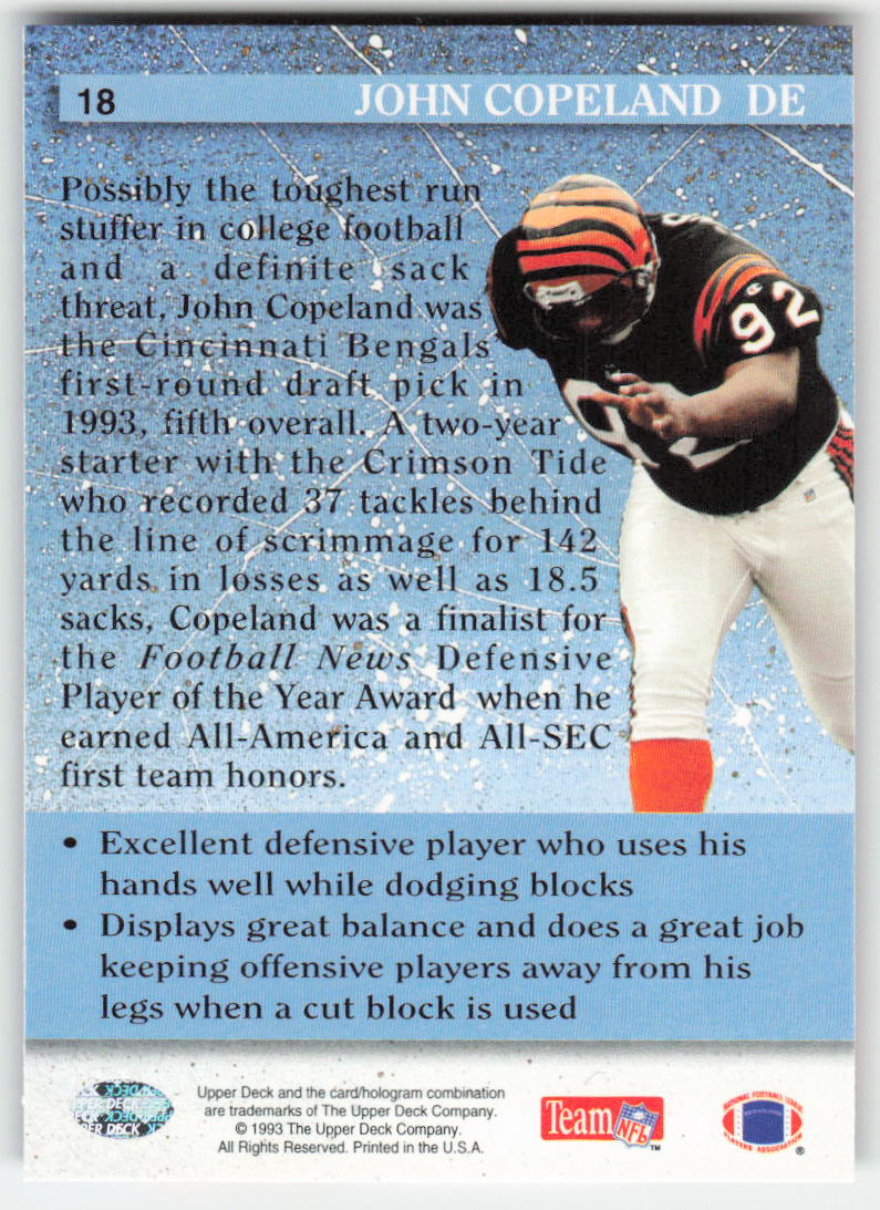 1993 Upper Deck #18 John Copeland Cincinnati Bengals Rookie FB1-227
