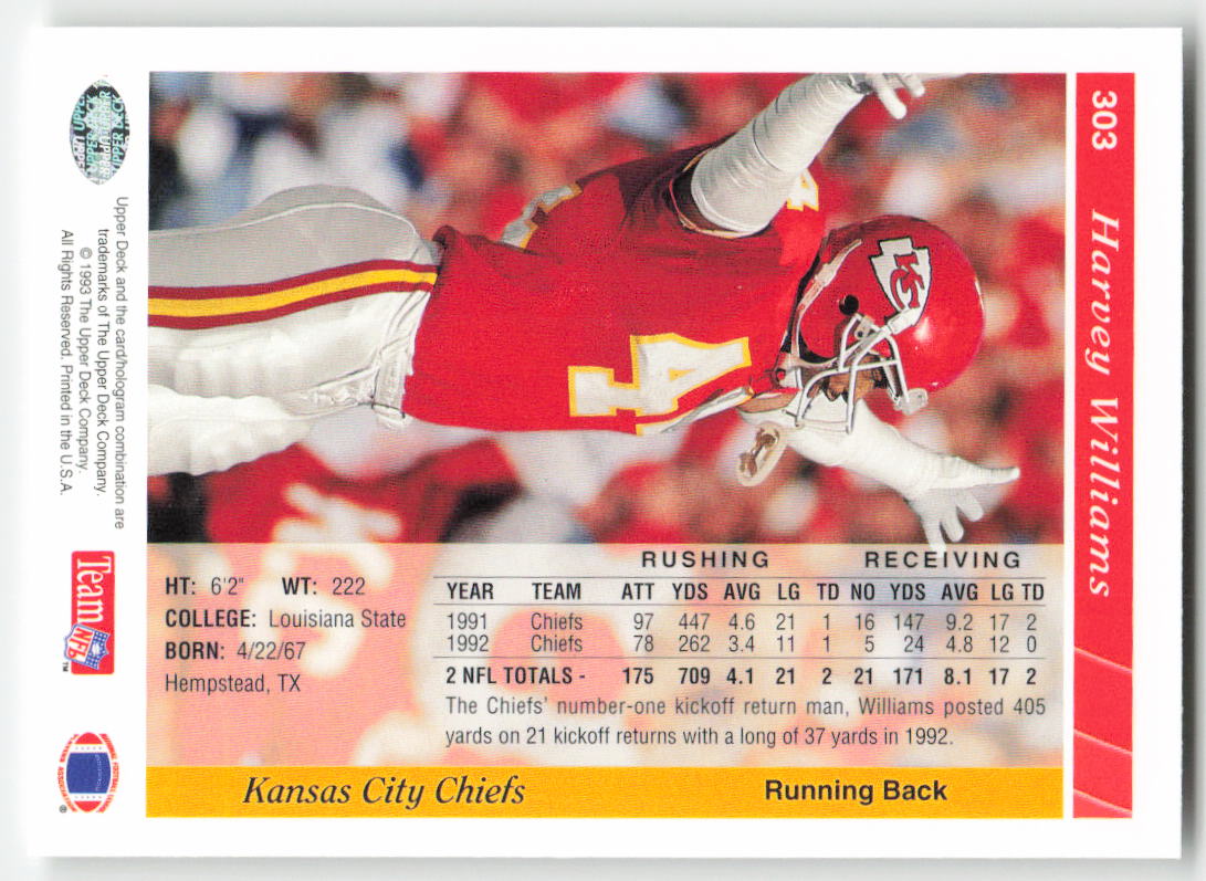 1993 Upper Deck #303 Harvey Williams Kansas City Chiefs FB1-230