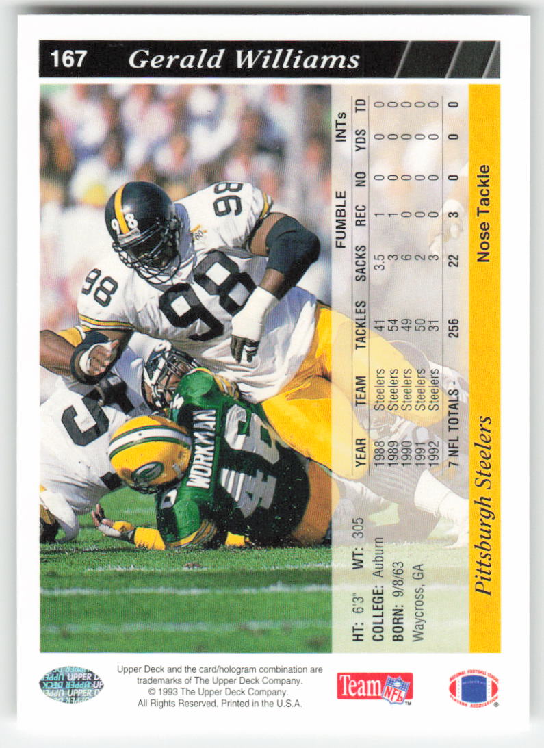 1993 Upper Deck #167 Gerald Williams Pittsburgh Steelers FB1-233