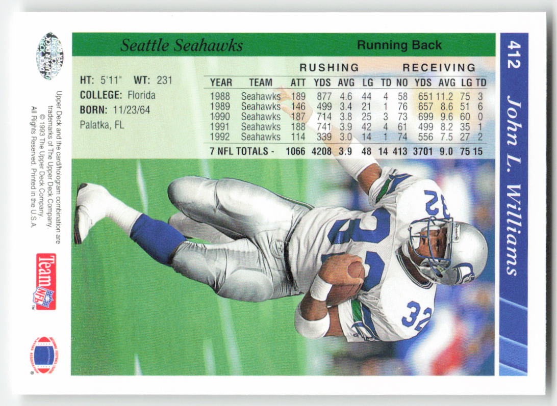 1993 Upper Deck #412 John L. Williams Seattle Seahawks FB1-234