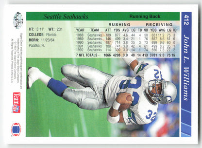 1993 Upper Deck #412 John L. Williams Seattle Seahawks FB1-234