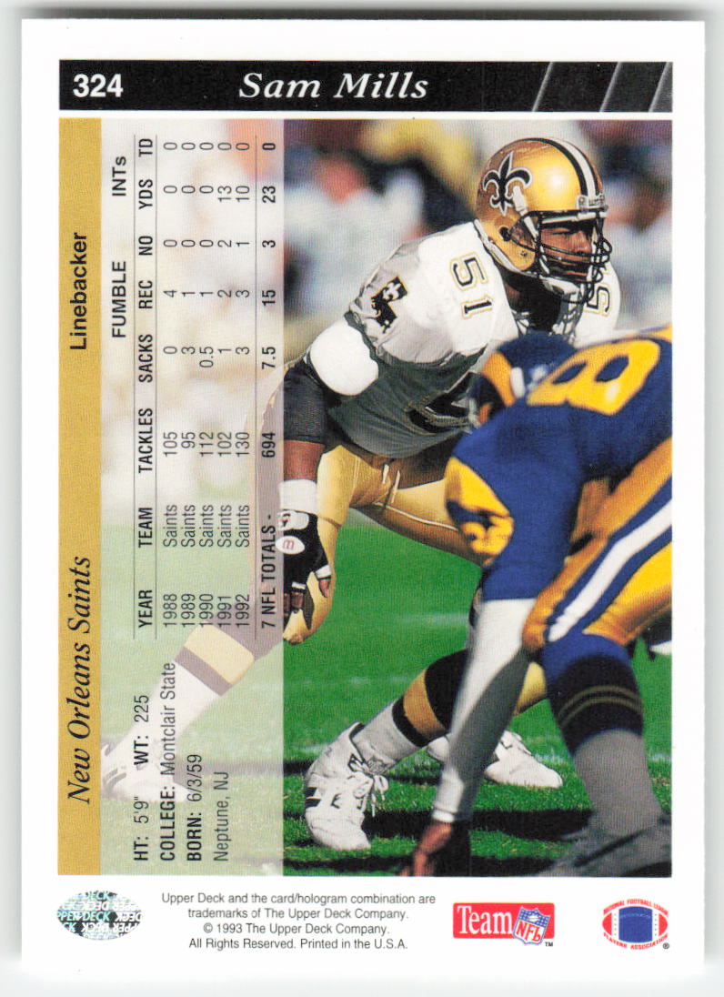 1993 Upper Deck #324 Sam Mills New Orleans Saints FB1-235