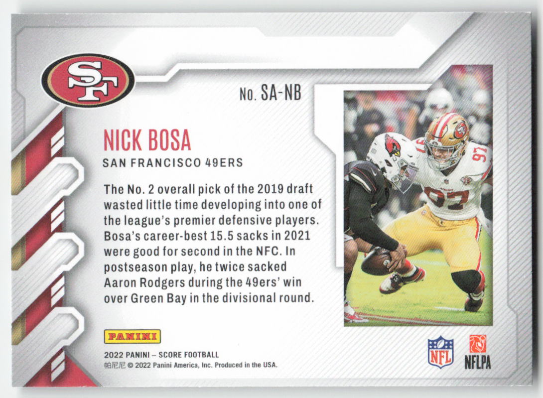 2022 Score #SA-NB Nick Bosa Sack Attack San Francisco 49ers FB1-255