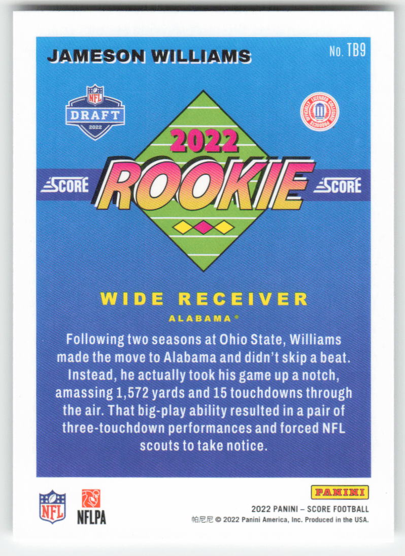2022 Score #TB9 Jameson Williams 1992 Throwback Rookie Alabama  FB1-259