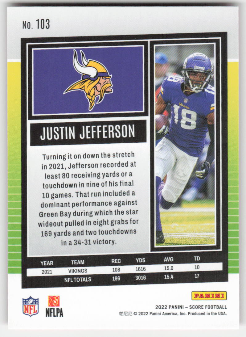 2022 Score #103 Justin Jefferson Red Minnesota Vikings FB1-261