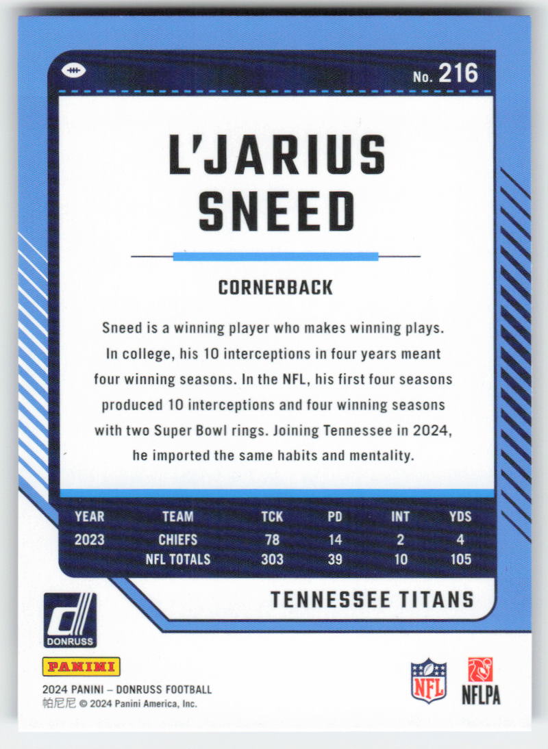 2024 Donruss #216 L'Jarius Sneed Press Proof Blue Tennessee Titans FB1-288