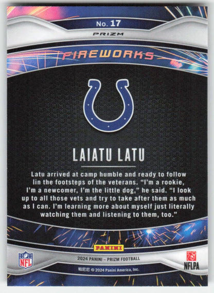 2024 Panini Prizm #17 Laiatu Latu Fireworks Green Prizm Colts FB1-299