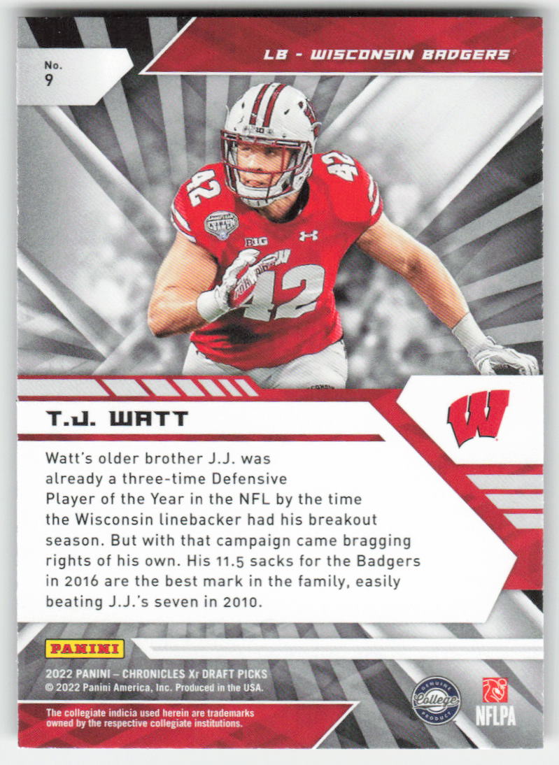 2022 Panini Chronicles Draft Picks #9 T.J. Watt XR Wisconsin Badgers FB1-304