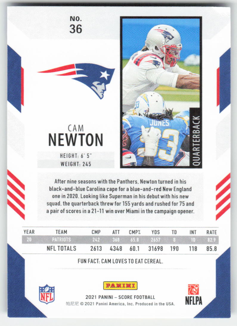 2021 Score #36 Cam Newton New England Patriots FB1-307