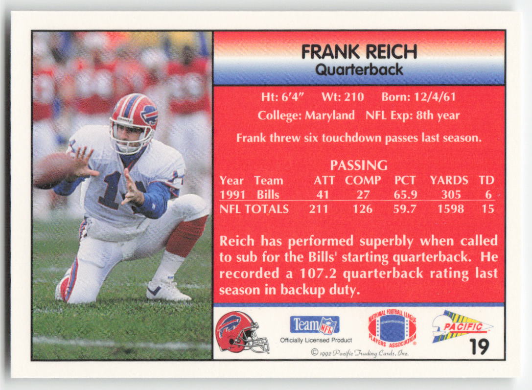 1992 Pacific #19 Frank Reich Buffalo Bills FB1-311