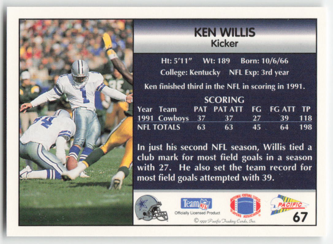 1992 Pacific #67 Ken Willis Dallas Cowboys FB1-313