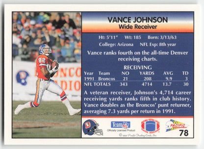 1992 Pacific #78 Vance Johnson Denver Broncos FB1-315