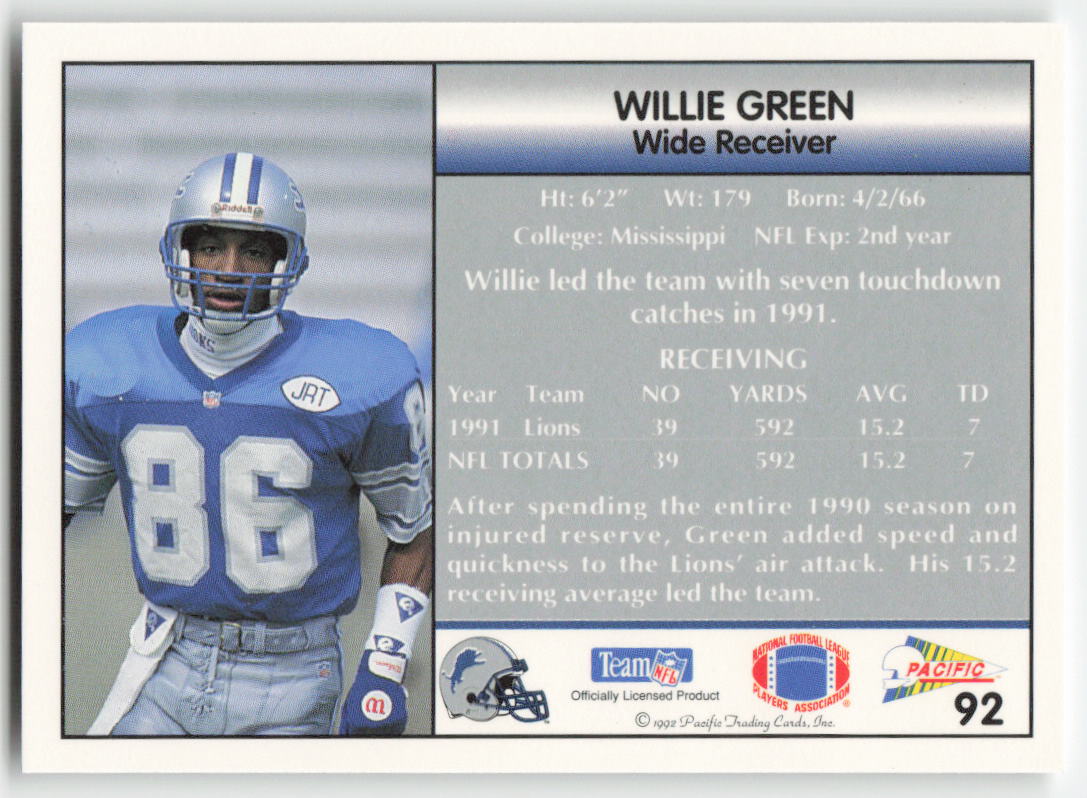 1992 Pacific #92 Willie Green Detroit Lions FB1-316