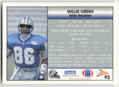 1992 Pacific #92 Willie Green Detroit Lions FB1-316