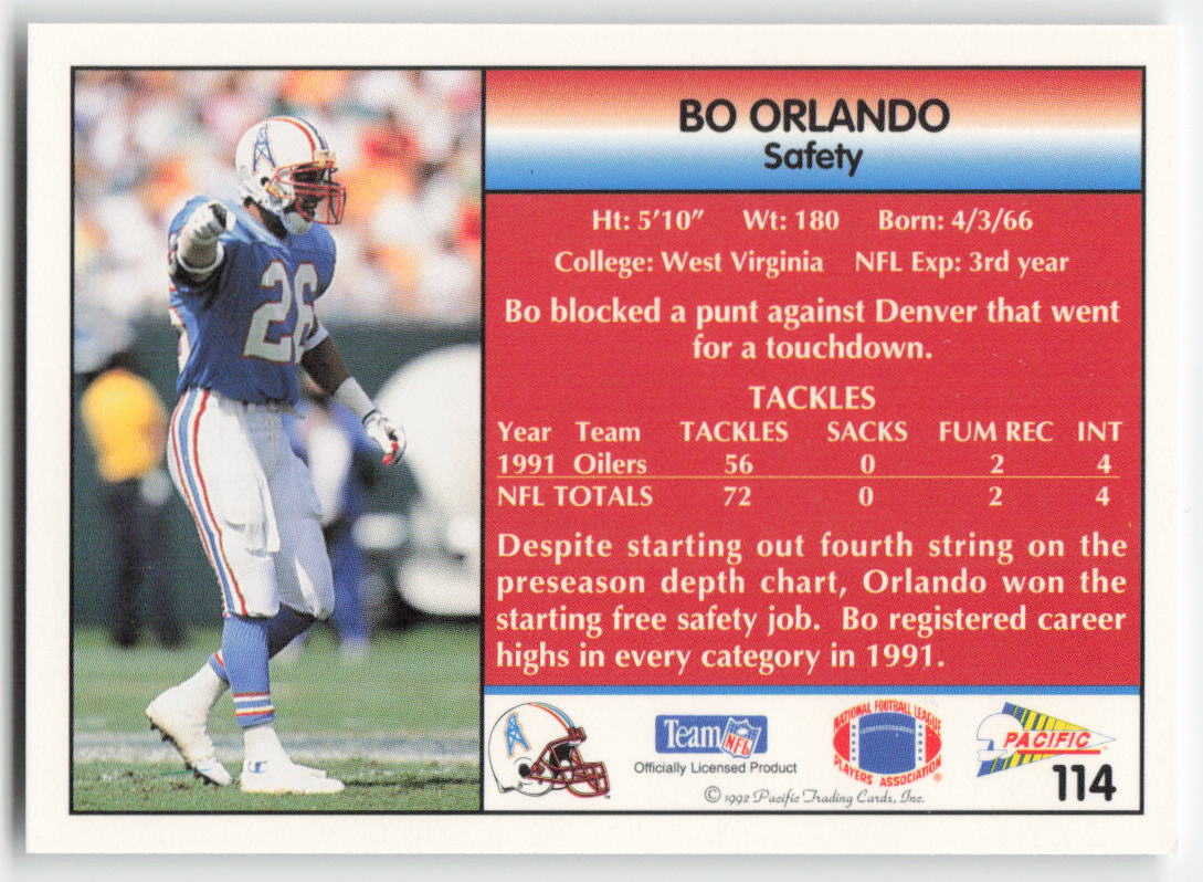 1992 Pacific #114 Bo Orlando Houston Oilers Rookie FB1-318