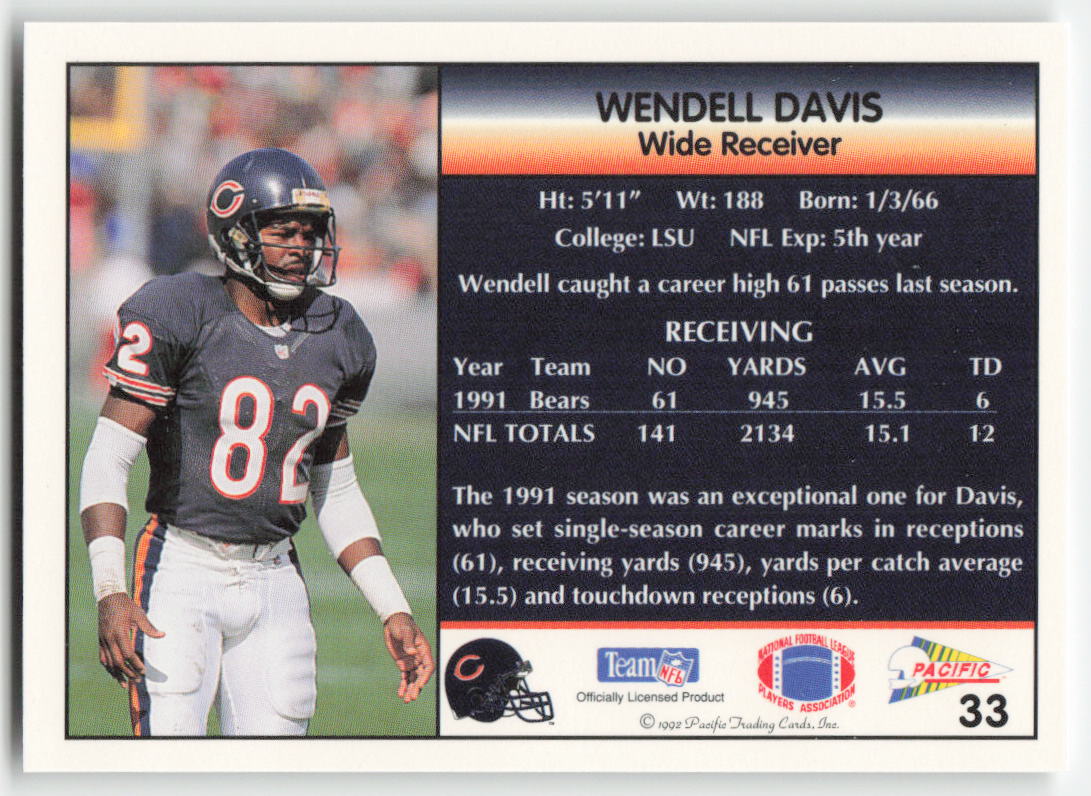 1992 Pacific #33 Wendell Davis Chicago Bears FB1-321