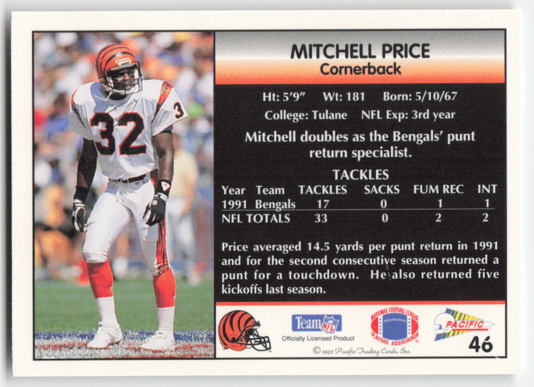 1992 Pacific #46 Mitchell Price Cincinnati Bengals FB1-322