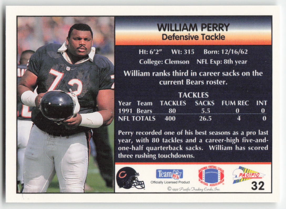 1992 Pacific #32 William Perry Chicago Bears FB1-323
