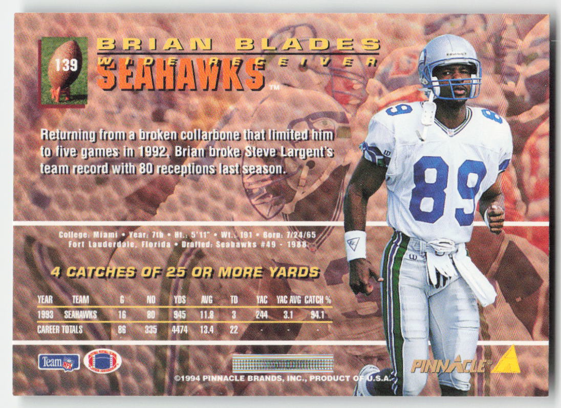 1994 Pinnacle #139 Brian Blades Seattle Seahawks FB1-324