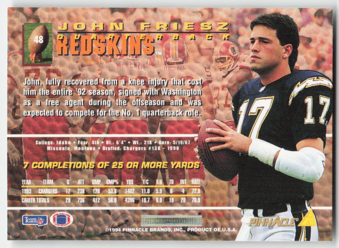 1994 Pinnacle #48 John Friesz Washington Redskins FB1-328