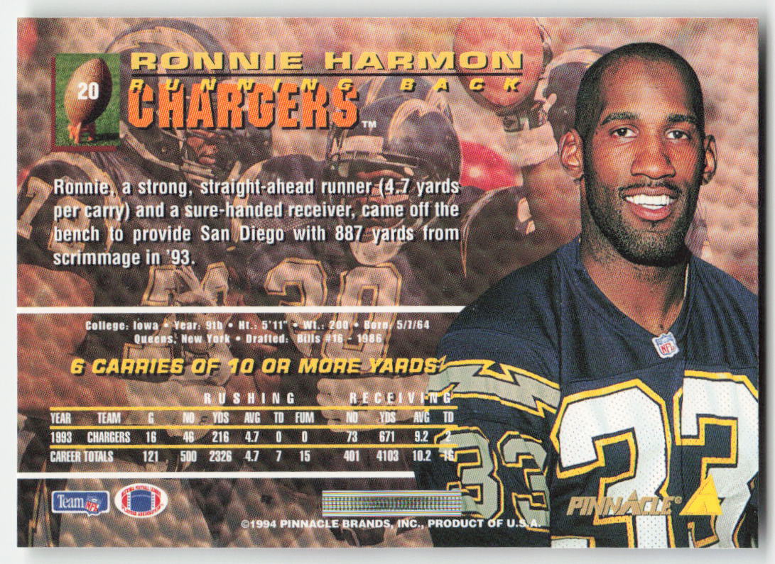 1994 Pinnacle #20 Ronnie Harmon San Diego Chargers FB1-329