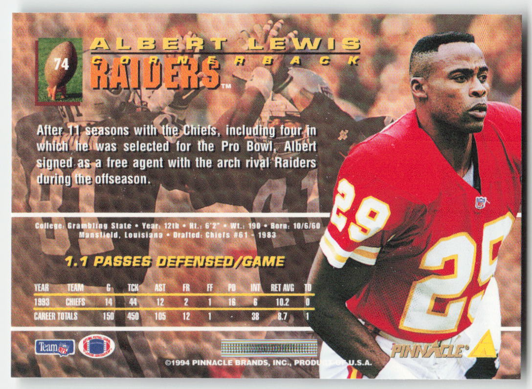 1994 Pinnacle #74 Albert Lewis Los Angeles Raiders FB1-330