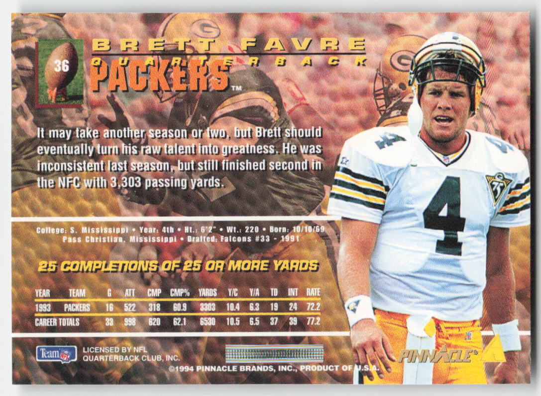 1994 Pinnacle #36 Brett Favre Green Bay Packers FB1-331