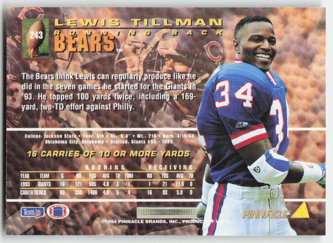 1994 Pinnacle #243 Lewis Tillman Chicago Bears FB1-332